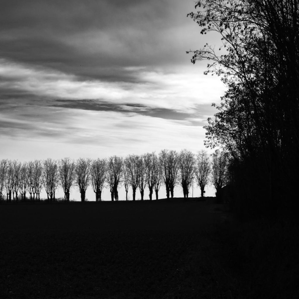 Photo en noir et blanc de la frontière dans la région de la Dombes, dans l'Ain en France.