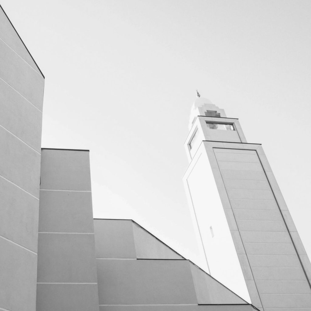 Photo en noir et blanc en contre-plongée de la Grande Mosquée à Lyon.