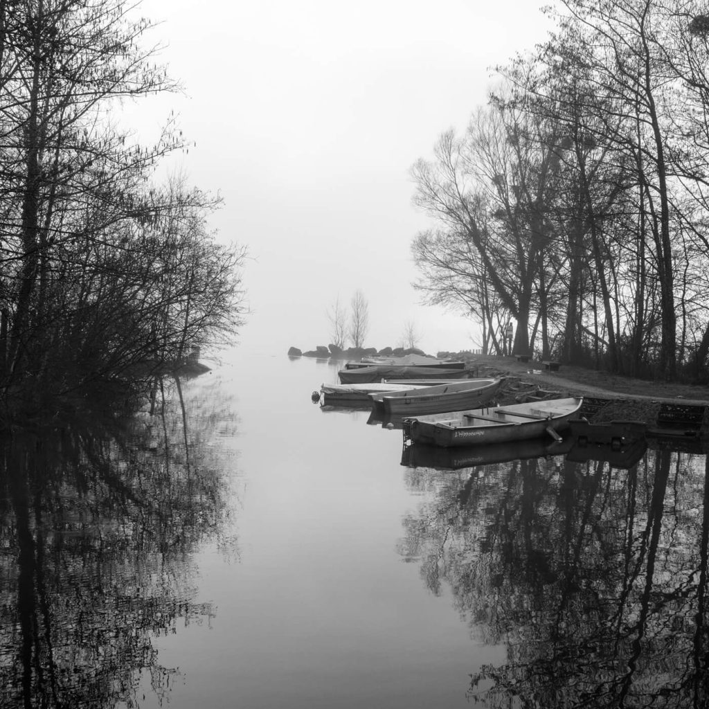 Photo en noir et blanc du lac d'Aiguebelette en Savoie.