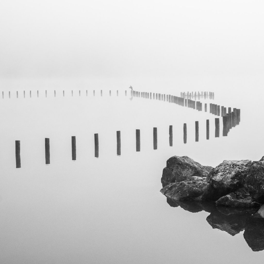 Photo en noir et blanc du Lac d'Aiguebelette en Savoie, avec des rochers et des poteaux immergés.