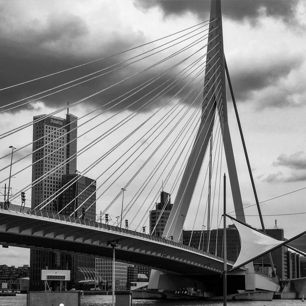 Photo en noir et blanc du pont Erasmus à Rotterdam, aux Pays-Bas.