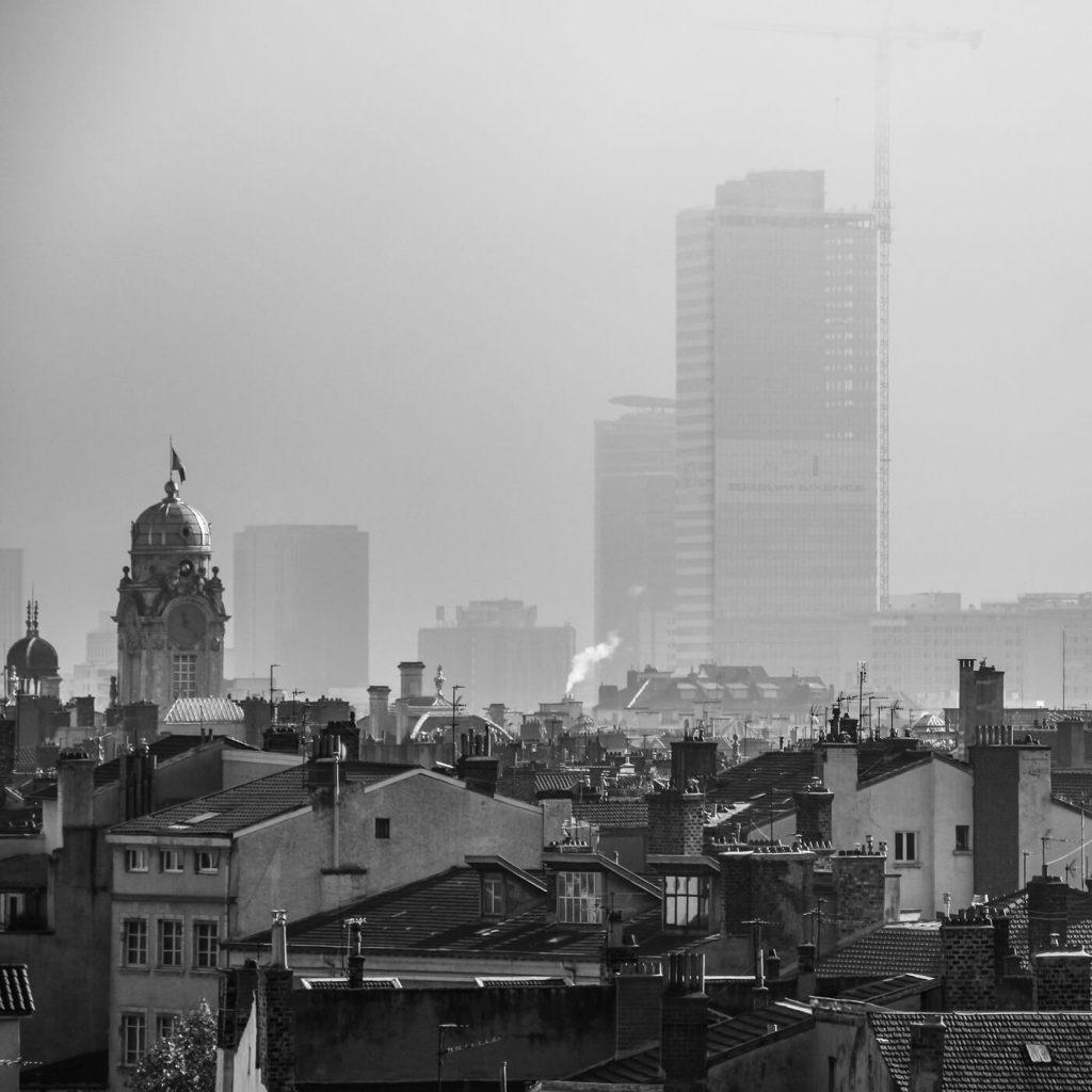 Photo en noir et blanc des toits de Lyon, en France.