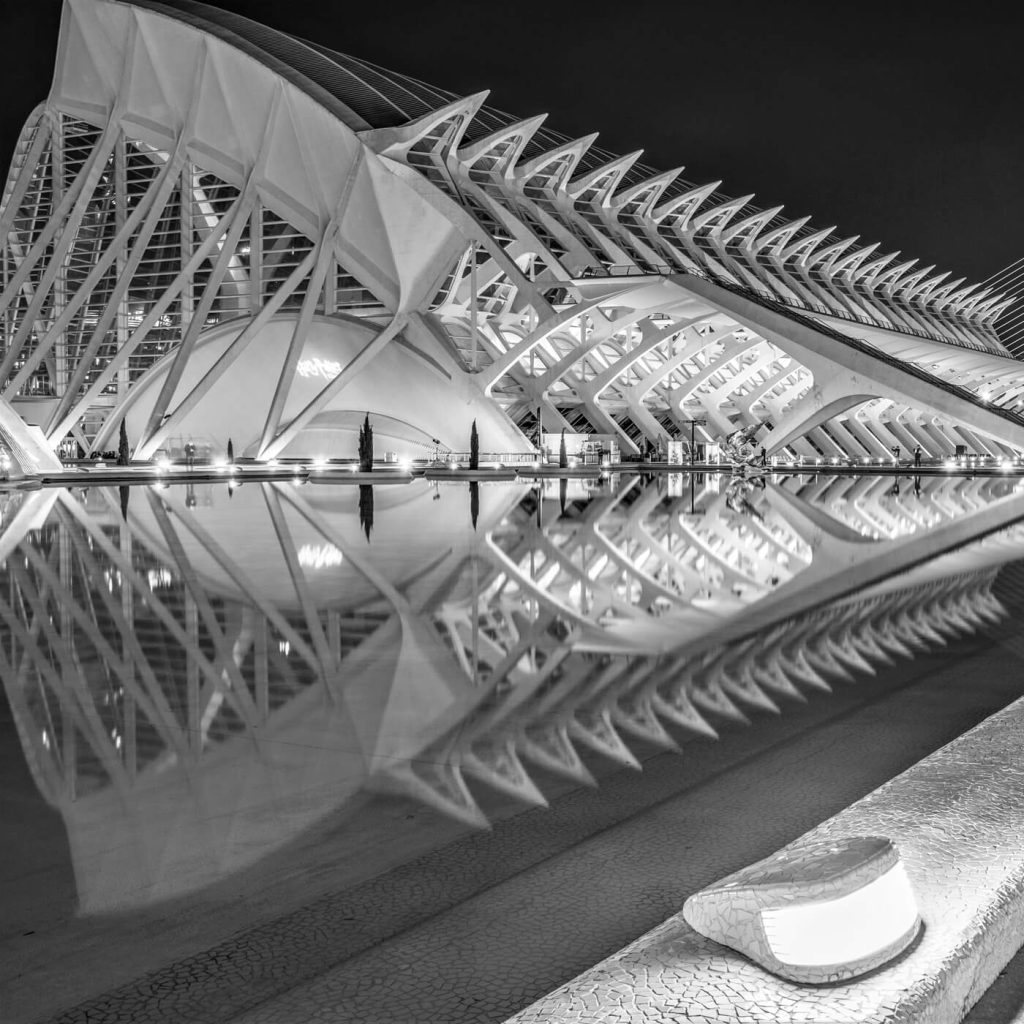 Photo en noir et blanc du Palais des Sciences à la Cité des Arts, évoquant des vertèbres, à Valence en Espagne.